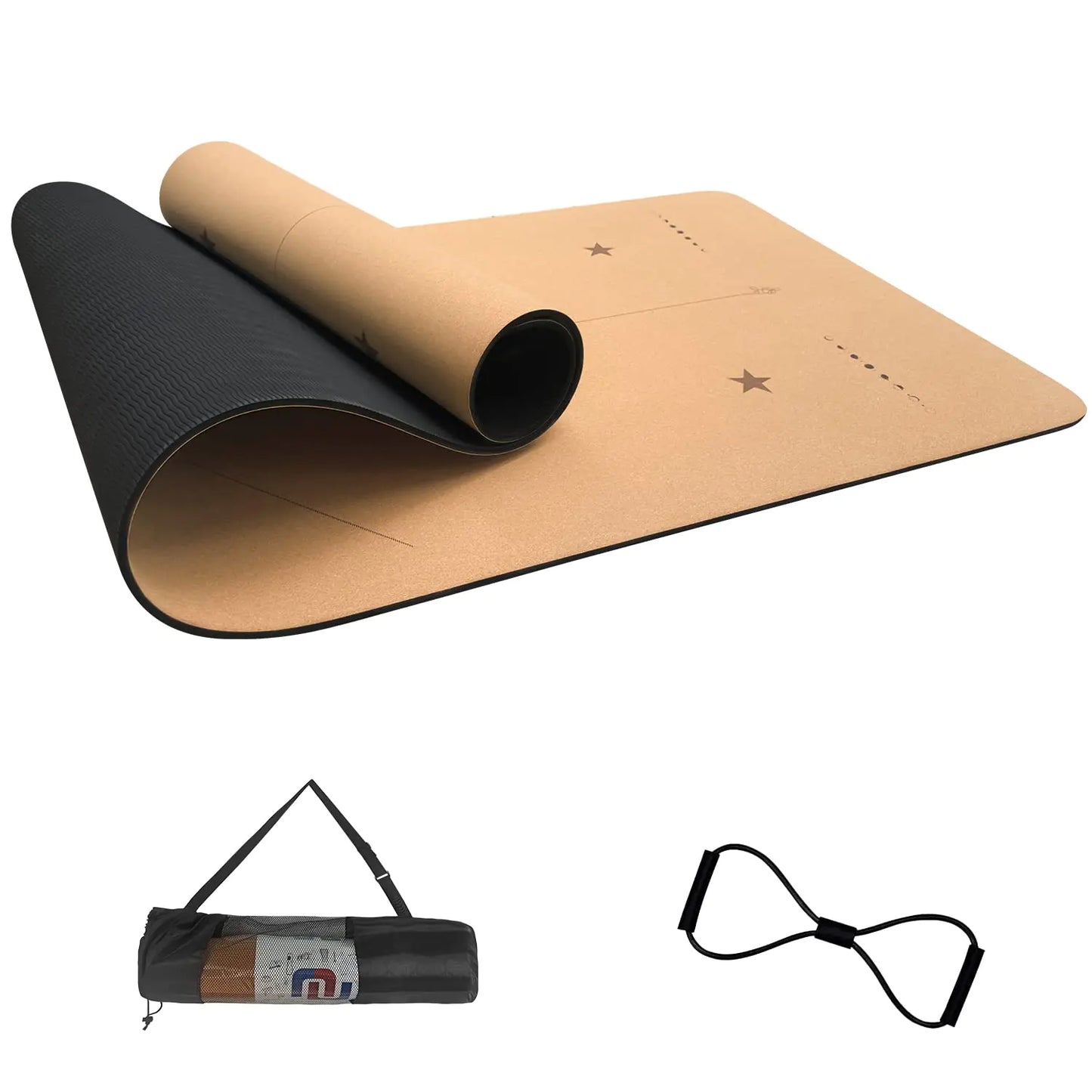 Cork Yoga Mat 6mm (1/4 inch) Thick 72x24 in Sweatproof NonSlip Eco-friendly Lightweight TPE foam with Alignment Lines Great for Hot Yoga Gym and Exercise Black Carrying Bag w. Strap Included