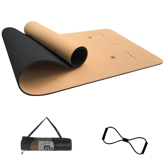Cork Yoga Mat 6mm (1/4 inch) Thick 72x24 in Sweatproof NonSlip Eco-friendly Lightweight TPE foam with Alignment Lines Great for Hot Yoga Gym and Exercise Black Carrying Bag w. Strap Included